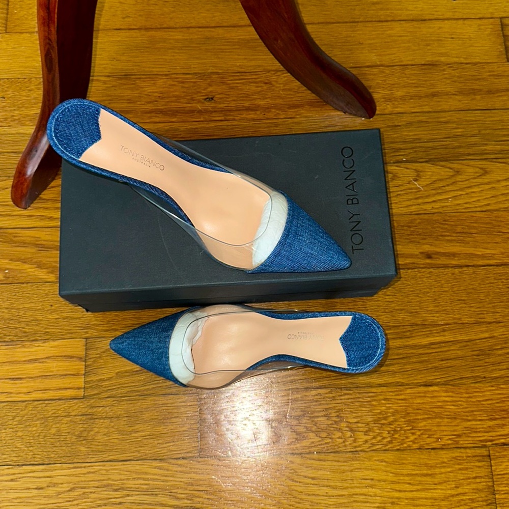 Never worn - NEW Tony Bianca Denim and Clear Plastic Kitten Heel